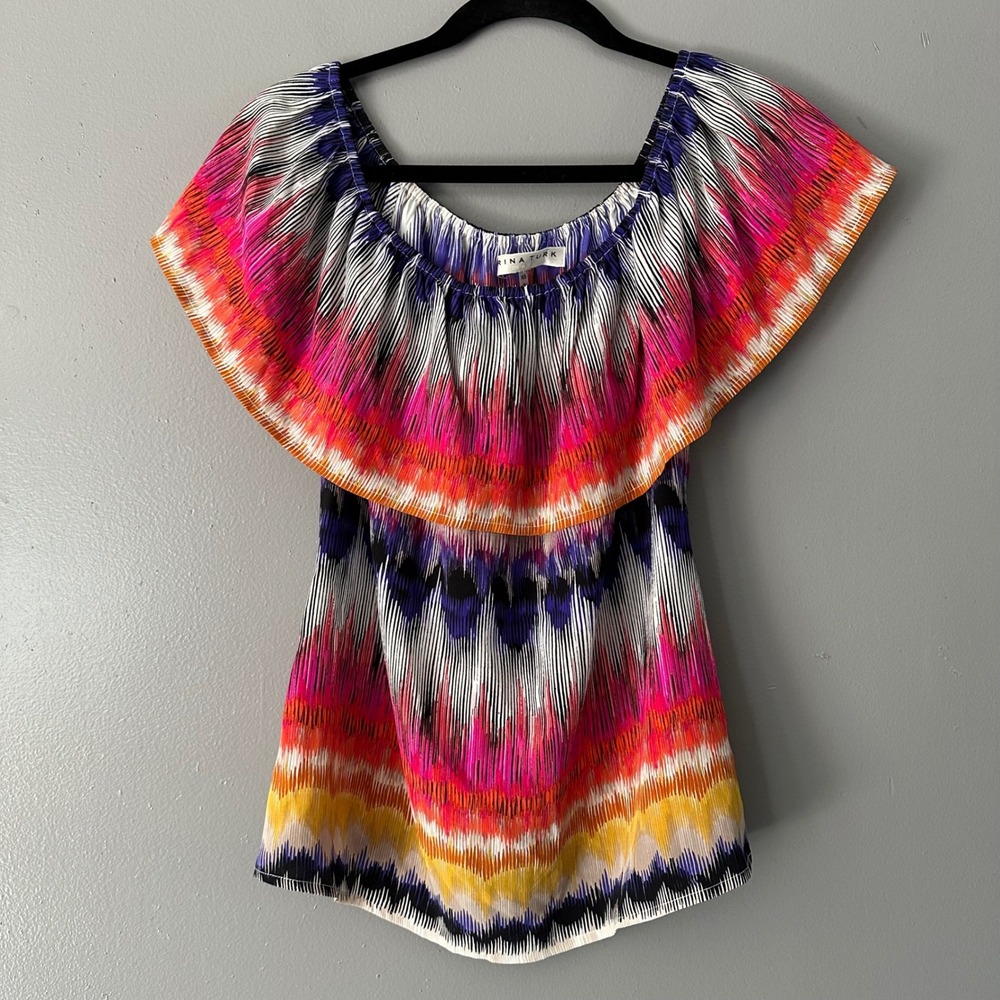 Trina Turk 100% Silk Watercolor Off the Shoulder Blouse XS